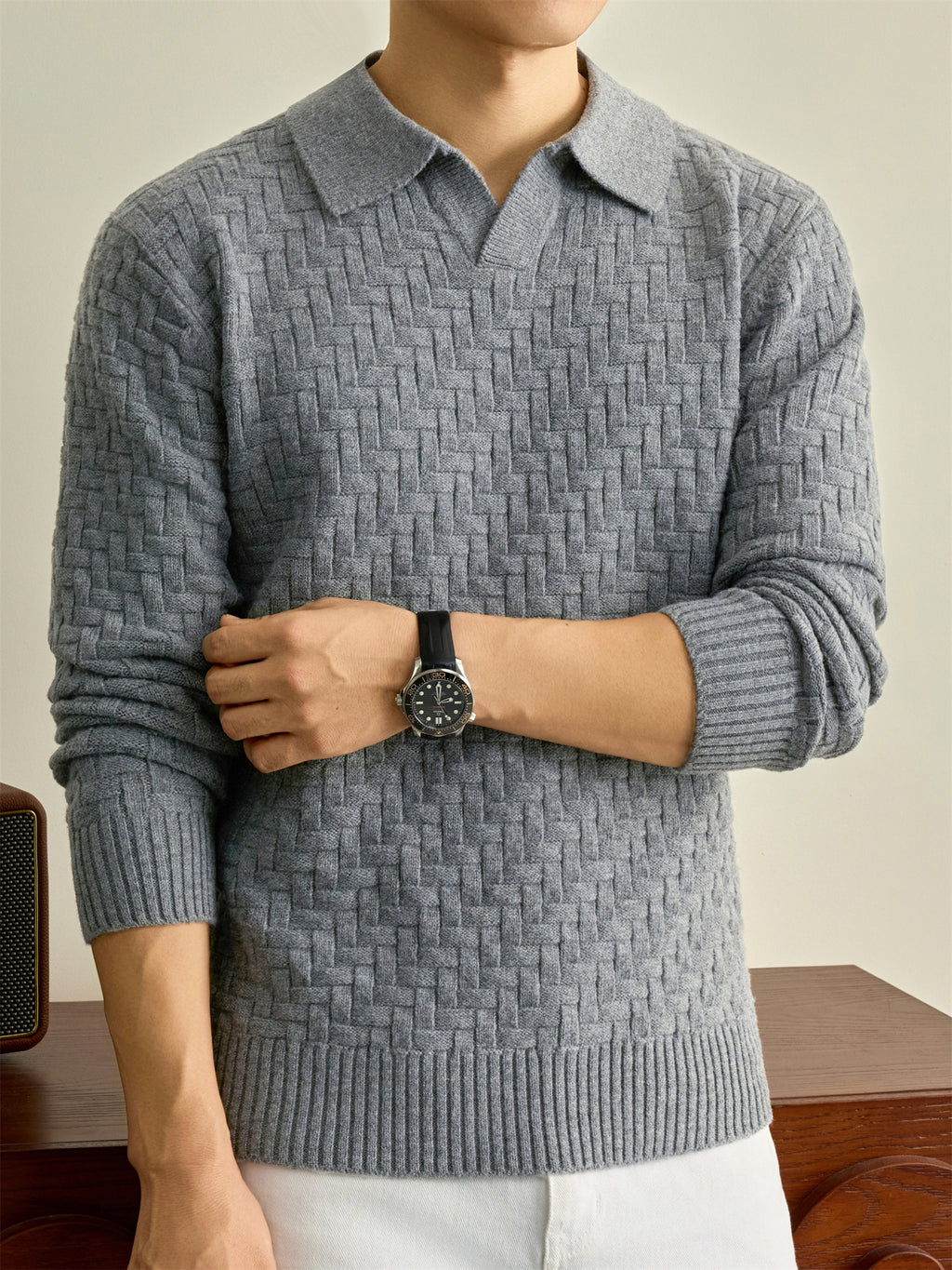 Autumn Winter Knit 3D Solid Color Lapel Polo Sweater, Basic Knit Pullover Top for Men, Fashionable Long Sleeve Sweater, Size S - Medium Gray