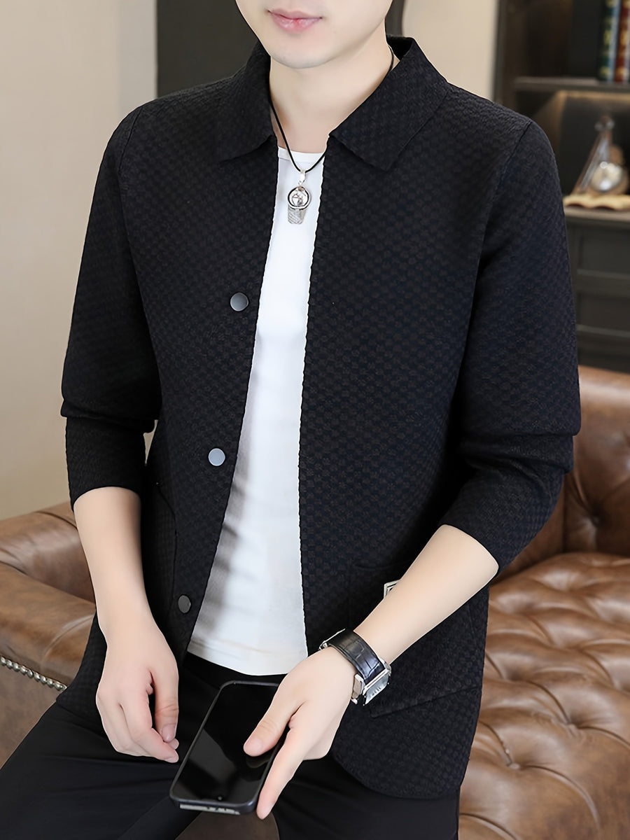 Du Jing Lan OBM Men's Autumn/Winter New Arrival Knitted Cardigan, Old Money Style Contrast Color Lapel Pocket Open Front Single-Breasted Knit Cardigan, Men's Business Casual Fashion Open Front Knit Cardigan Top, Contrast Color Checkered Design - Black