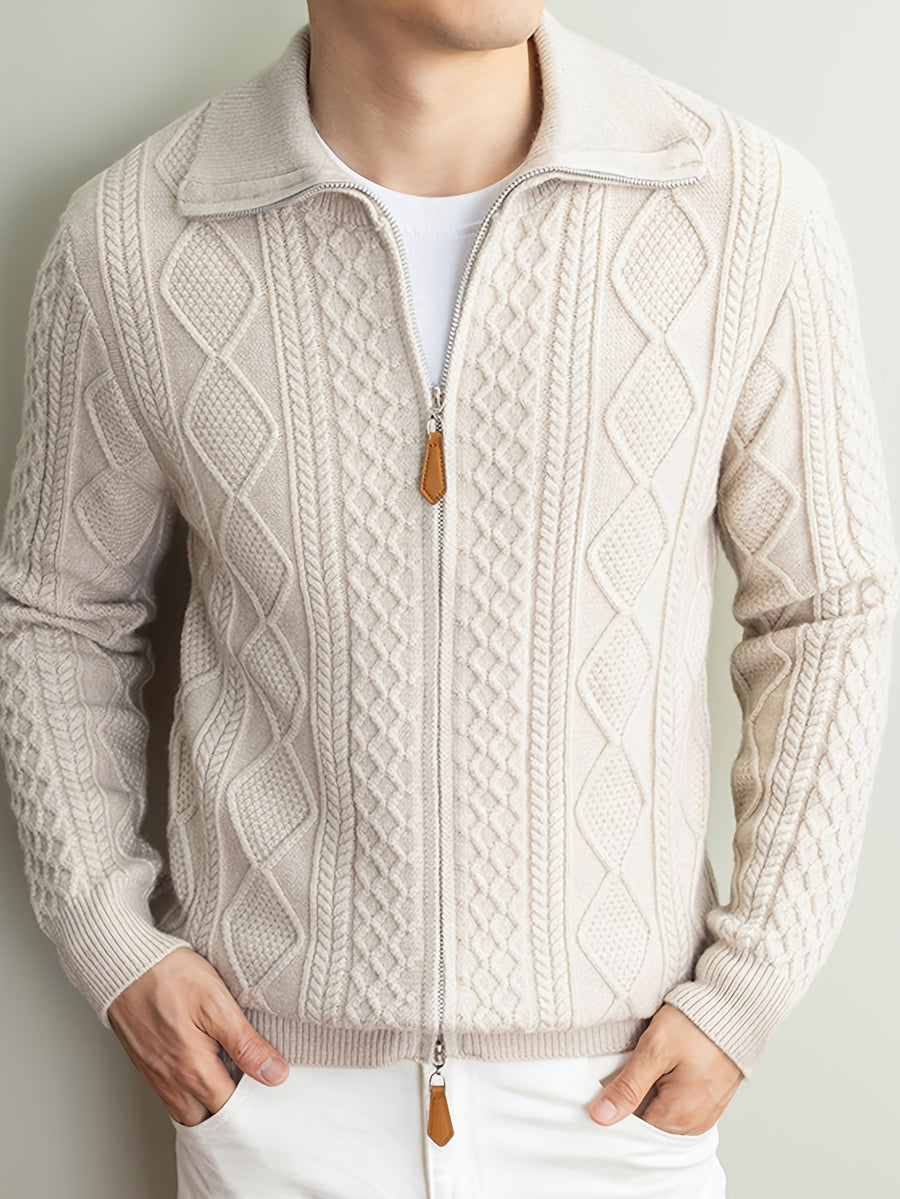 Men'S Lapel Jacquard Zipper Sweater, Casual Light Mature Style, Suitable for Commuting And Daily Outings; Can Be Worn Alone in Autumn/Winter, Also Works As a Layer Over T-Shirt - SINBOS, Knit - Apricot