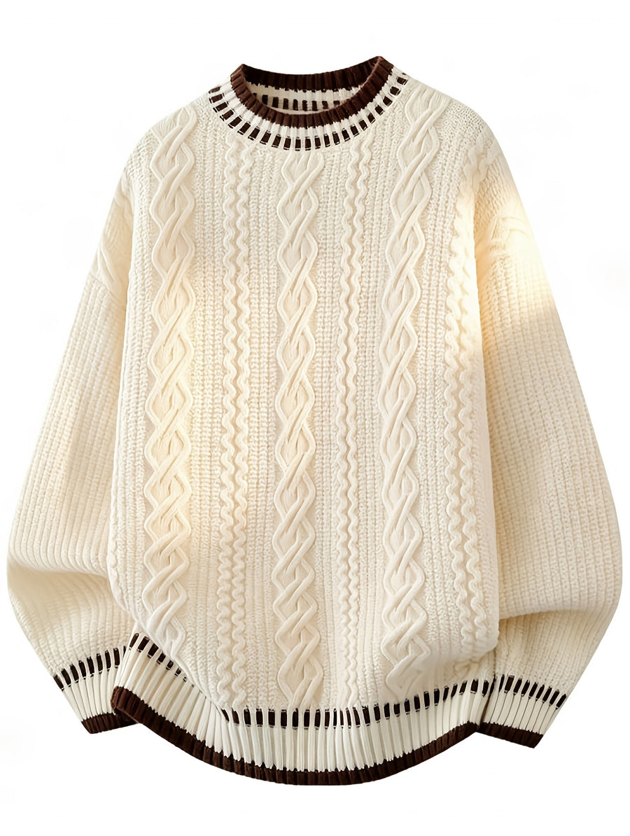 Men'S Retro Cable Knit Sweater, Contrast Ribbed 3D Jacquard Pullover for Autumn Winter, Trendy Casual Top - Off-white