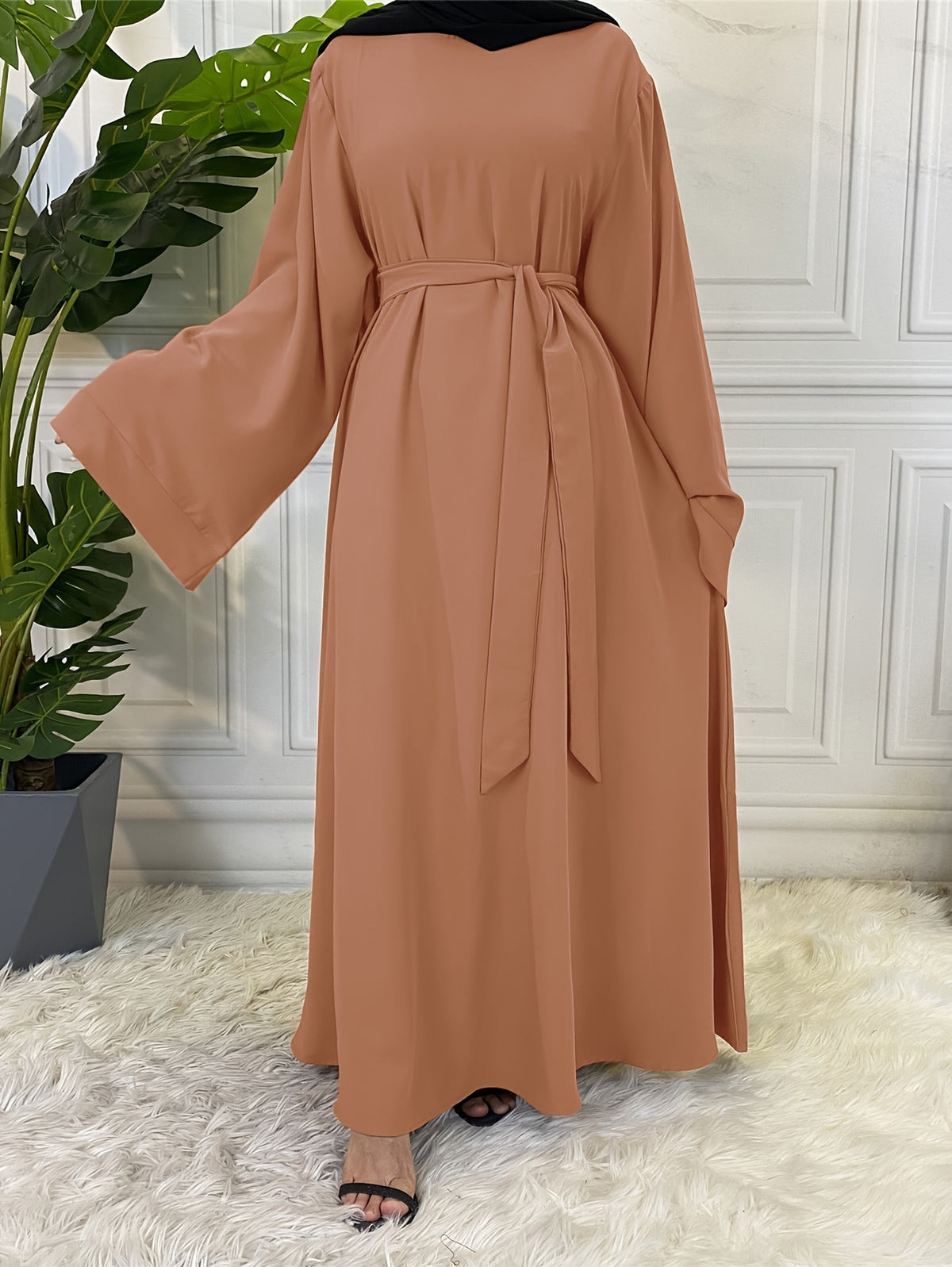 1pc Fashionable, Elegant, Comfortable, and Casual Wide-sleeved Abaya with Belt. Solid Color Suitable for Daily Wear. Loose and Comfortable Women's Abaya Dress. Ferace Tesettür Clothing, Women's Abayas for Muslim Women, Islamic Wear for Women - Yellowish-brown