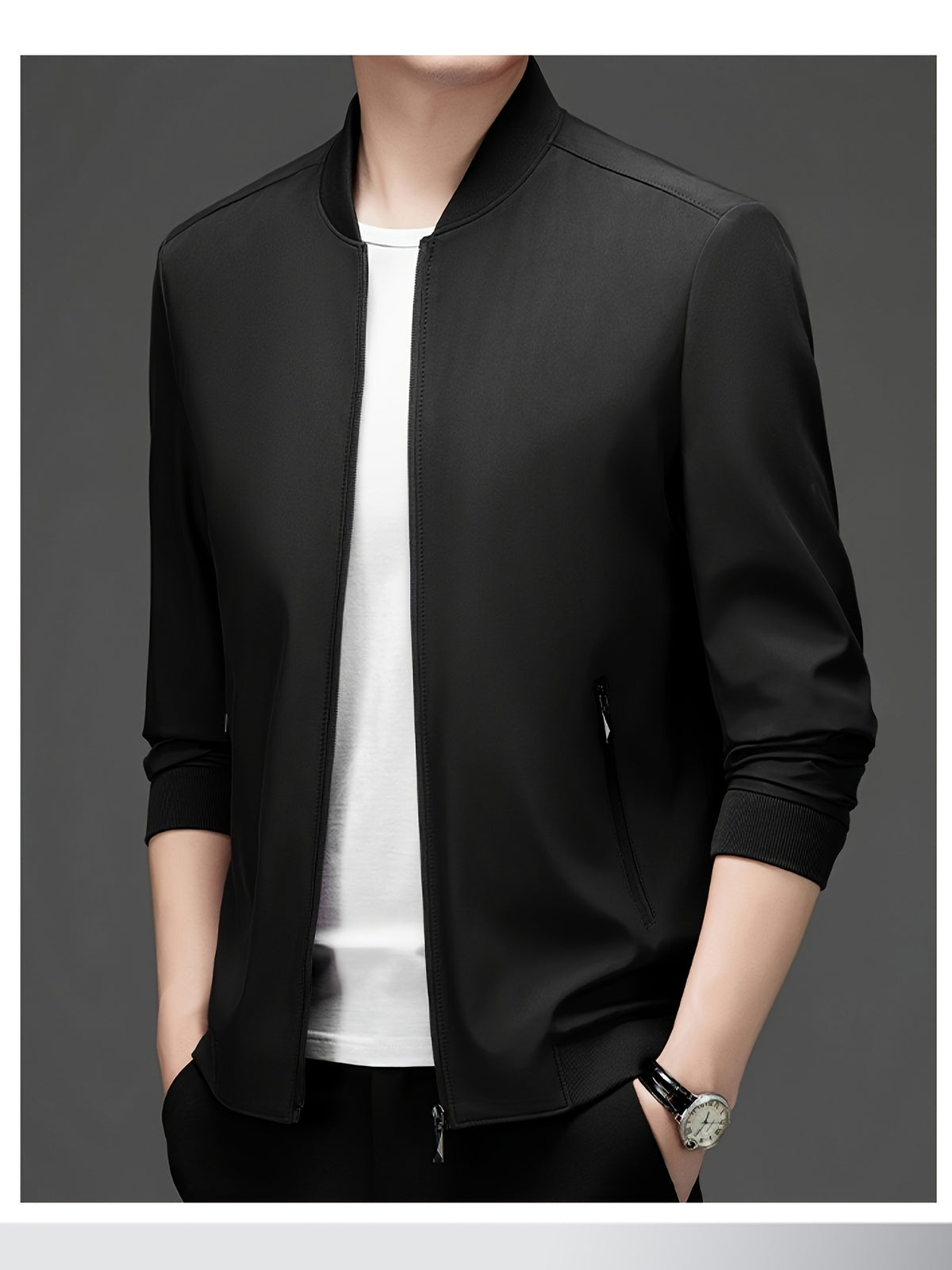 Lightweight Windproof Inner Lining Zippered Jacket, Multi-Color Versatile Casual Business Baseball Coat, Multi-Color Versatile Casual Commute - Black