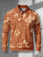 Men's Contrast Color Long Sleeve Polo Shirt, Lapel Collar Three-Button Casual Top with Vintage Nautical Manuscript Print, Versatile Men's Apparel for Spring/Autumn Business Commuting and Golf, Surprise Birthday/Holiday Gift for Young Men - Mixed Color E
