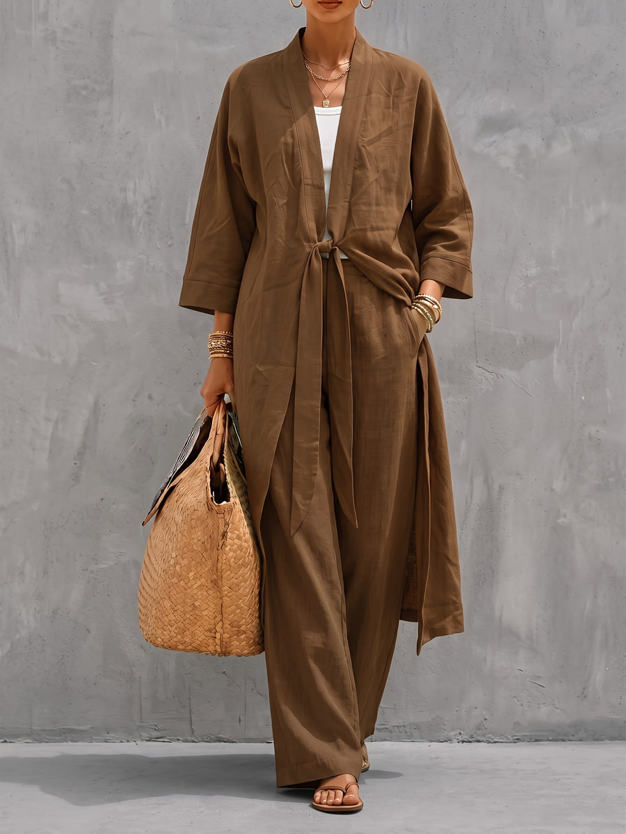 Women'S Pants Set Solid Color Tie-Long Sleeve Long Pants Trendy Fashion Casual Commute Women'S Two-Piece Set - Light Brown-1