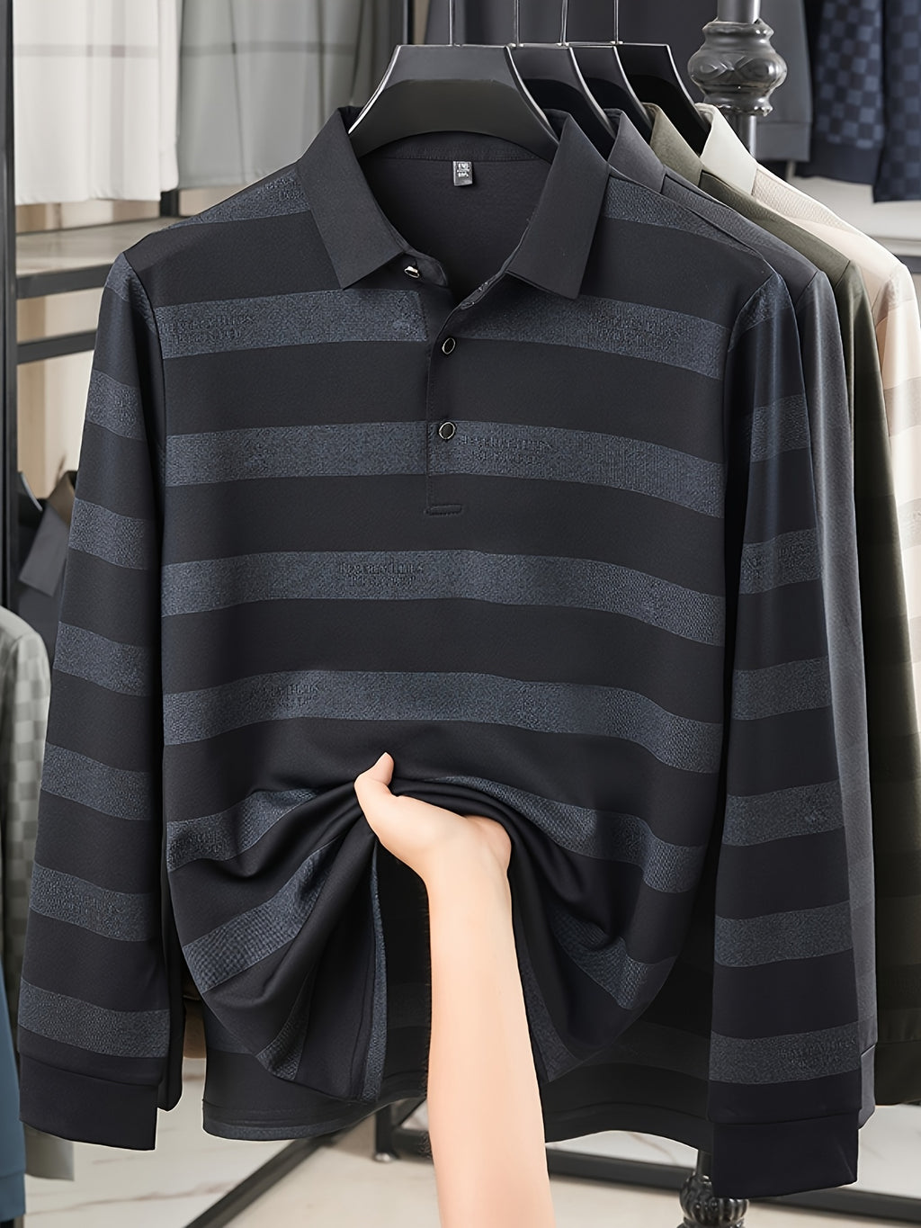 Multi-Color Striped Polo Shirt for Men, Micro-Velvet Long Sleeve Polo, Button-Up Collar 3-Button Pullover Top, Smooth Soft Skin-Friendly Fabric, Business Commute Travel Top, Fishing Home Daily Loose Casual Men'S Clothing - Navy Color