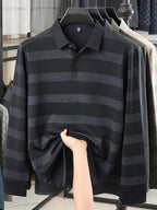 Multi-Color Striped Polo Shirt for Men, Micro-Velvet Long Sleeve Polo, Button-Up Collar 3-Button Pullover Top, Smooth Soft Skin-Friendly Fabric, Business Commute Travel Top, Fishing Home Daily Loose Casual Men'S Clothing - Navy Color
