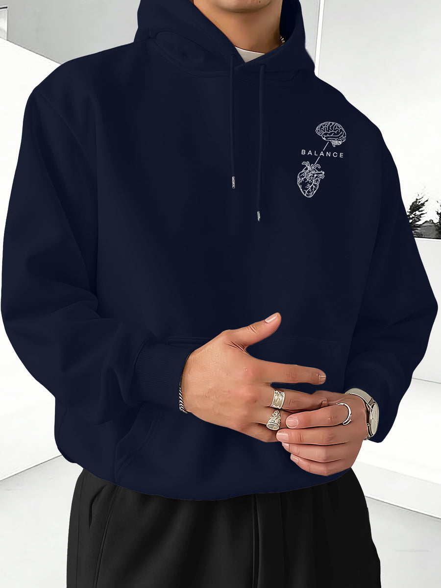 Minimalist Trendy Unisex Hoodie with Brain And Heart Balance Print - Navy Color