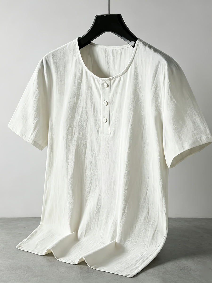 Men'S Summer -Linen Half-Zip Short Sleeve T-Shirt - Breathable Crew Neck Casual Top - White