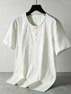 Men'S Summer -Linen Half-Zip Short Sleeve T-Shirt - Breathable Crew Neck Casual Top - White