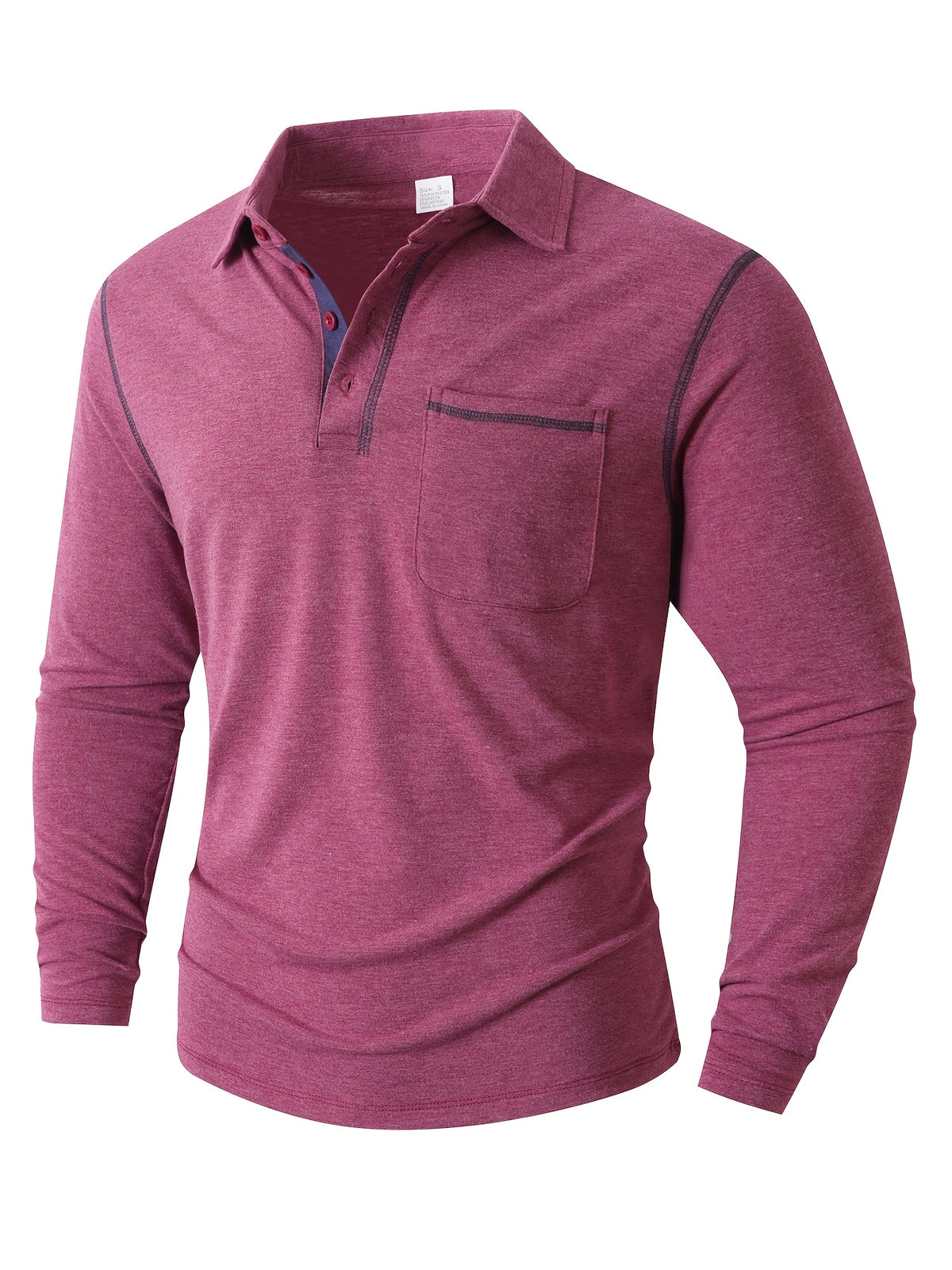 KJ-P029 Men's Long Sleeve Henley Shirt with Contrast Color Placket and Pocket Design, Stretchy, Comfortable, and Casual Polo for Daily Commuting Wear - Pink