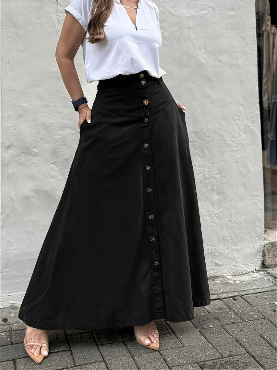 Women's Elegant Solid Color High Waist Mid-Long Skirt, Fashionable and Practical with Pockets and Button Front Slit A-line Skirt, Can be Worn in Spring, Summer, Autumn and Winter - Black