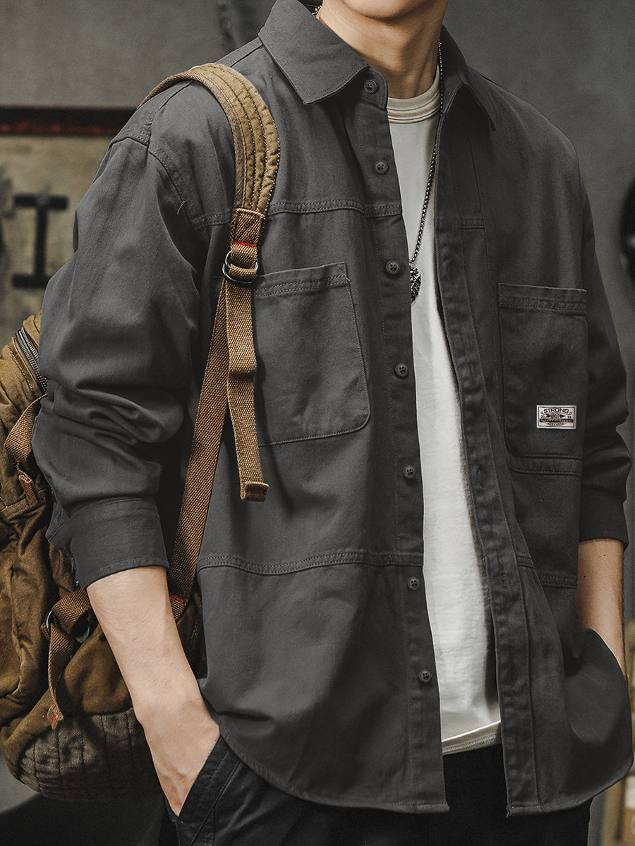 Men'S Cargo Shirt Spring Autumn Long Sleeve Top Vintage Workwear Style Multi-Pocket American Casual Top Outerwear, New Season - Grey
