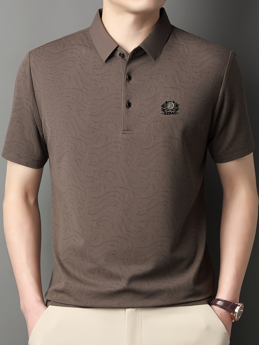 [Saa Xing OBM] 1pc Spring/Autumn New Men'S Polo Shirt, Old Money Style Textured Contrast Print Half-Button Collar Short Sleeve T-Shirt, Fashionable And Versatile Pullover Base Layer Top, Suitable for Spring, Summer, Autumn Wear, Fits Daily Casual - Coffee Color