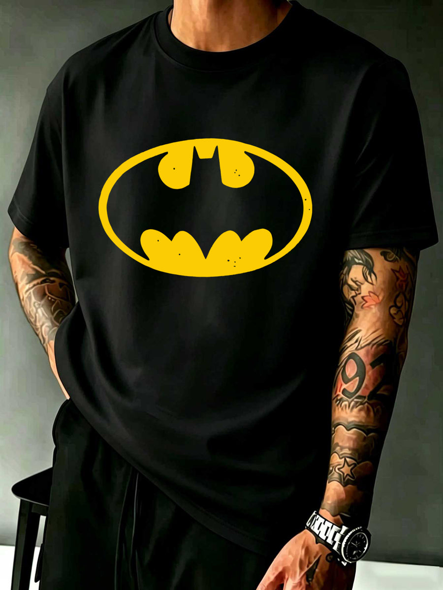 Warner Licensed DC Distressed Granular Yellow Oval Batman Batman Classic Badge Easy Print Loose Round Neck Short Sleeve T-Shirt - Black