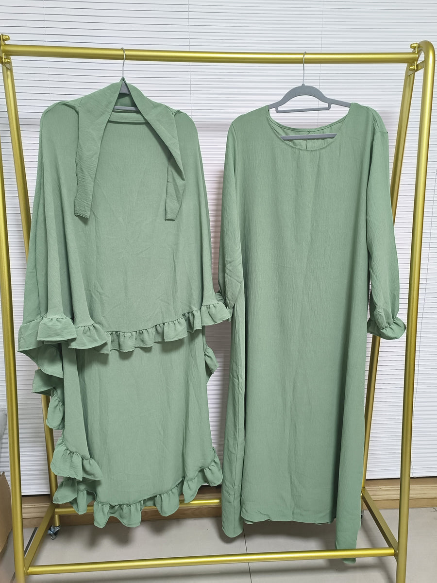 2pcs Set: Middle East Dubai 2pcs Set, Including 1 Solid Color Long Headscarf + 1 Long Robe, Women's Fashion Loose Robe Ramadan Prayer Outfit - Green