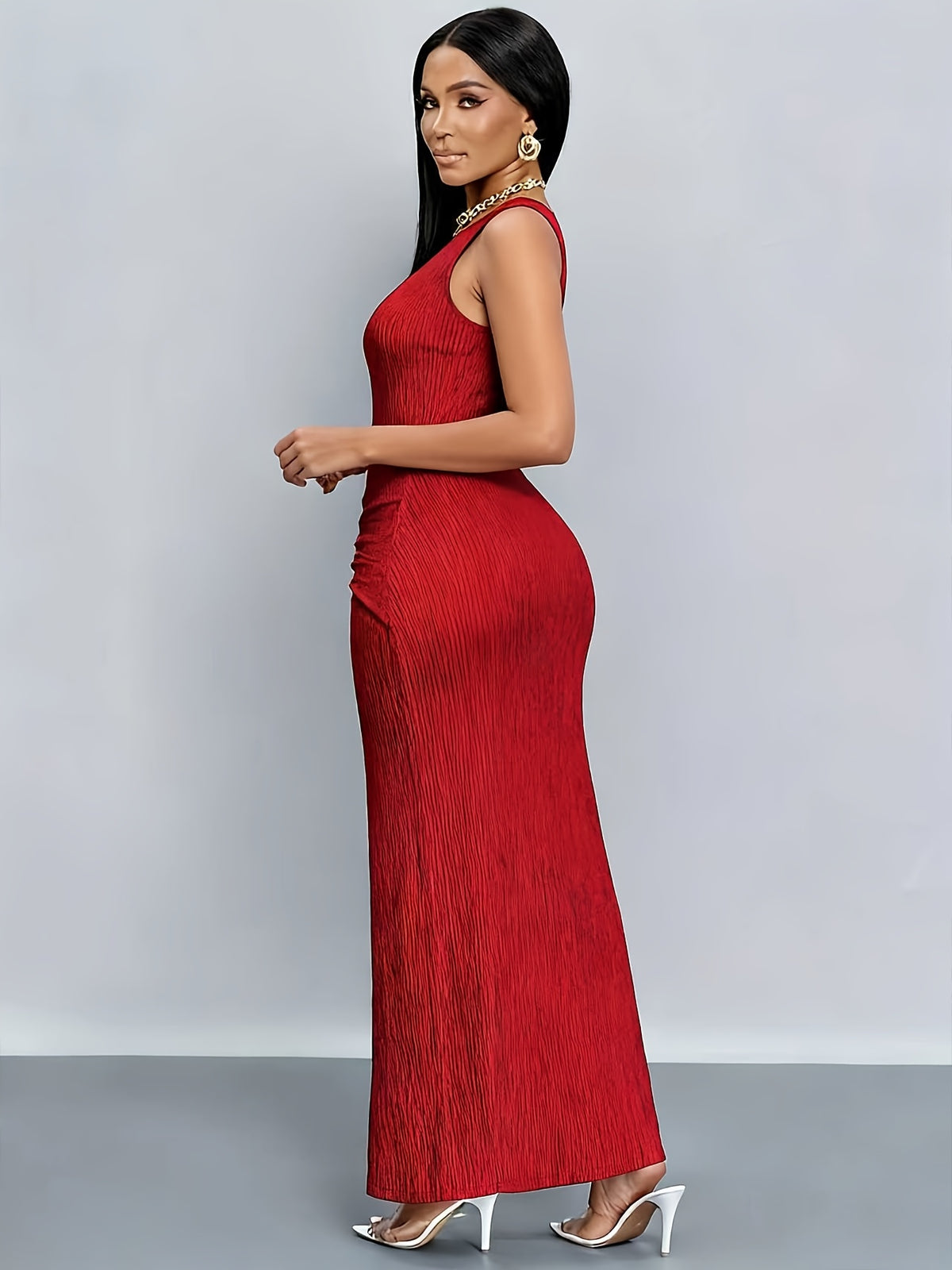 New Elegant Mix-and-Match Slit Sleeveless Dress - Scarlet red