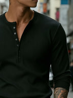 Joshmei OBM Autumn New Arrival Solid Color Half-Open Placket 7-Button Slim Fit Base Layer Shirt, Commuter Business Stretch Knit Top, Casual Versatile Long Sleeve Inner Wear - Black