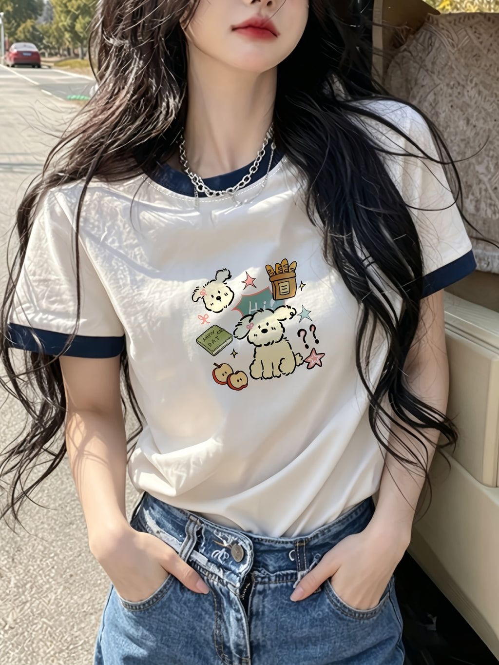 Cute Cartoon Dog And Apple Print Women's T-Shirt Summer Casual Wear for And - White