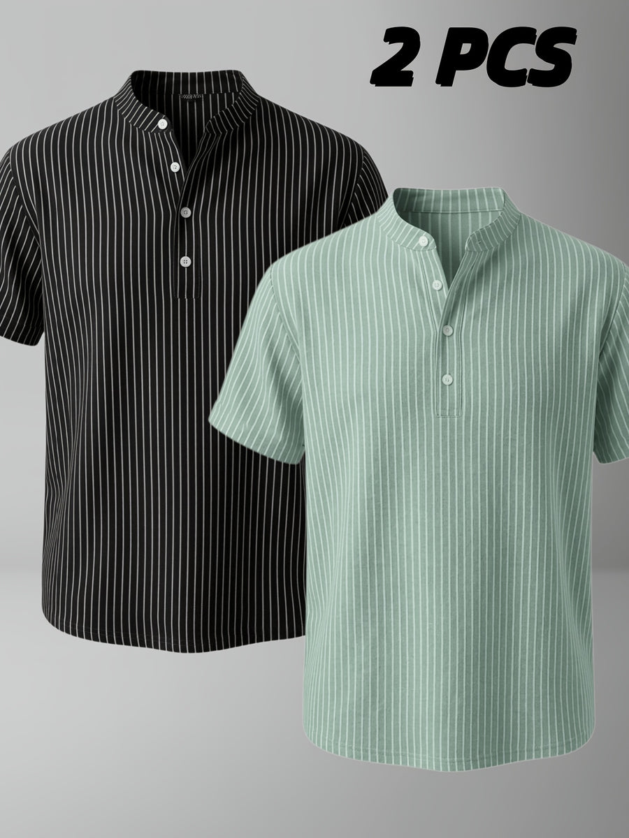 Josh Rose OBM 2pcs Men's Henley Shirts, Men's Summer Short Sleeve Regular Fit, Lightweight and Breathable, 95% Linen, Solid and Striped in Black and White, Features 4 Buttons, Suitable for Summer Daily Work, Casual, and Vacation Occasions - Black+Green
