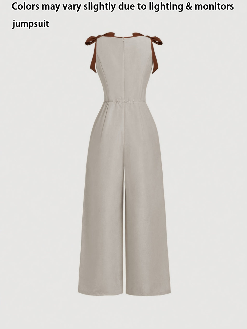 Round Neck Sleeveless Elegant Jumpsuit with Contrasting Rolled Edge Bow Decoration And Retro Court Style Waist Cinching Design, Suitable for Occasions Like Work, Back To, Dates, Parties, Holidays, And Birthdays. Valentine'S Day - Beige Gray