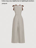Round Neck Sleeveless Elegant Jumpsuit with Contrasting Rolled Edge Bow Decoration And Retro Court Style Waist Cinching Design, Suitable for Occasions Like Work, Back To, Dates, Parties, Holidays, And Birthdays. Valentine'S Day - Beige Gray