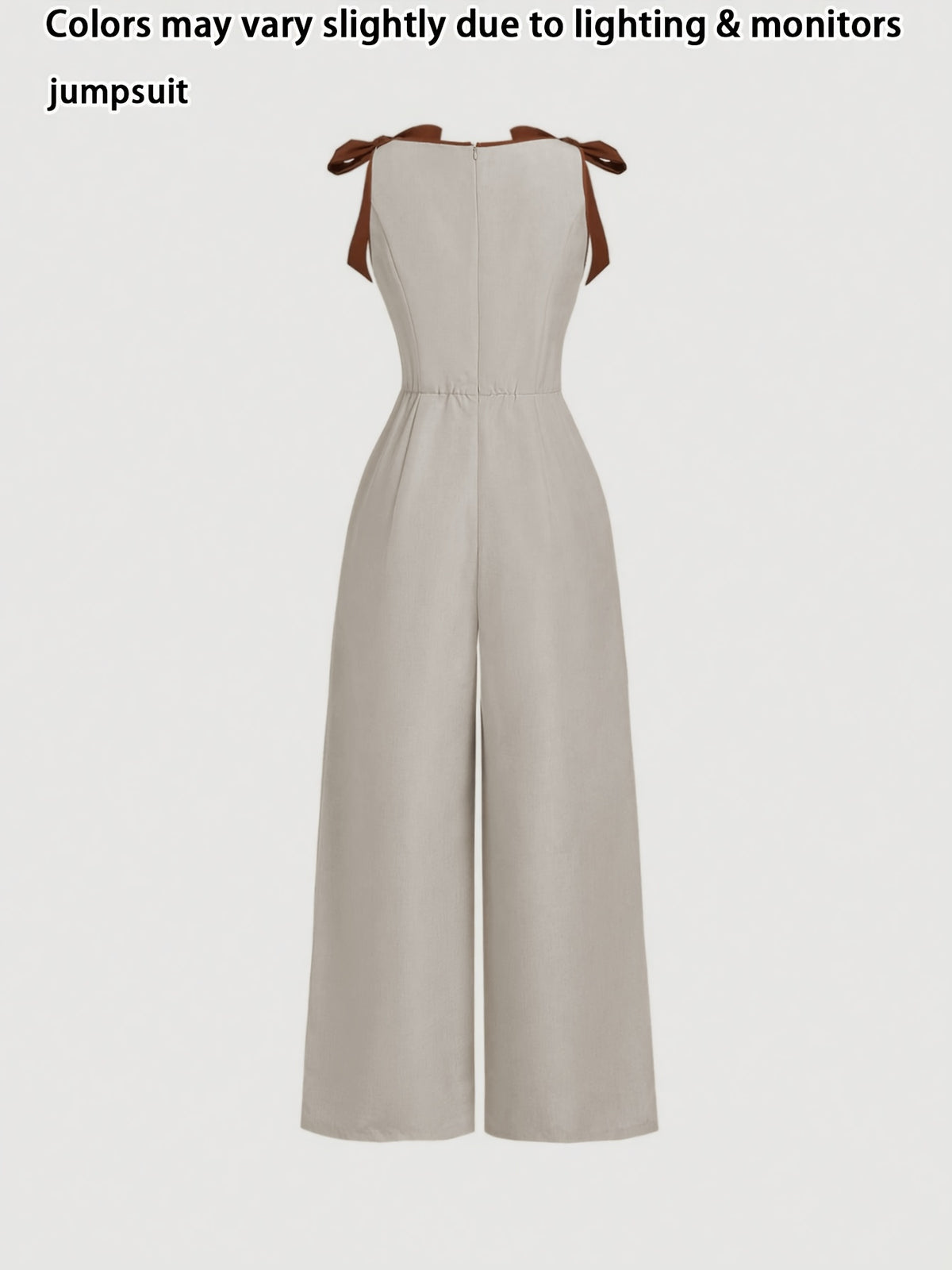 Round Neck Sleeveless Elegant Jumpsuit with Contrasting Rolled Edge Bow Decoration And Retro Court Style Waist Cinching Design, Suitable for Occasions Like Work, Back To, Dates, Parties, Holidays, And Birthdays. Valentine'S Day - Beige Gray