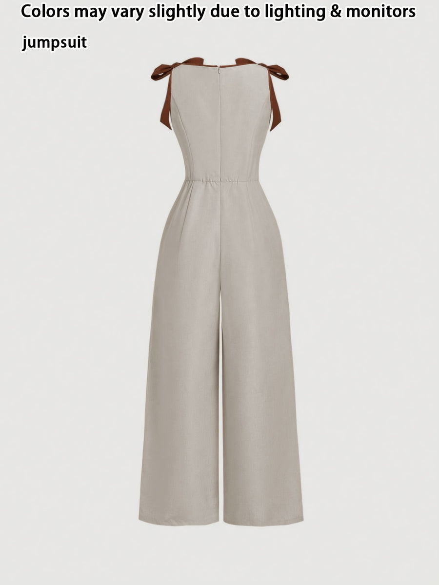 Round Neck Sleeveless Elegant Jumpsuit with Contrasting Rolled Edge Bow Decoration And Retro Court Style Waist Cinching Design, Suitable for Occasions Like Work, Back To, Dates, Parties, Holidays, And Birthdays. Valentine'S Day - Beige Gray