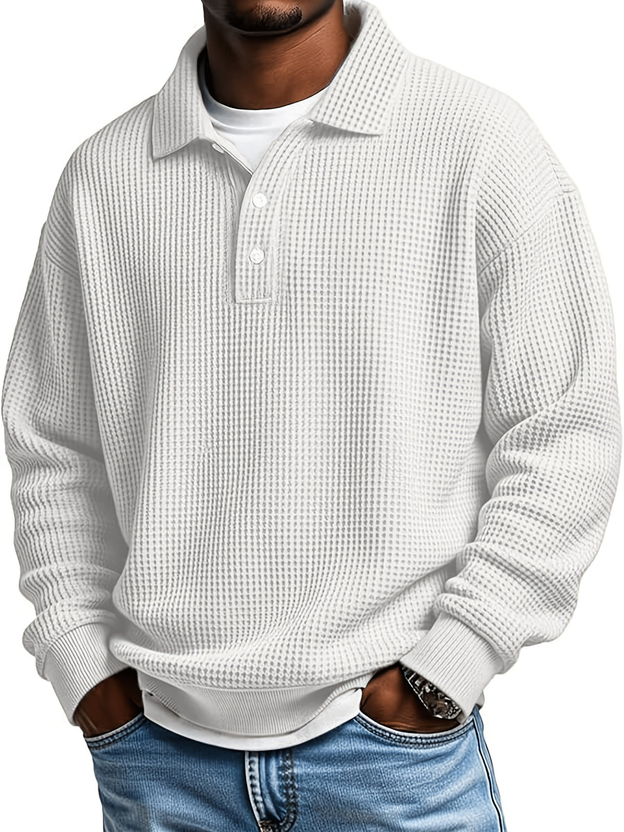 Men'S Waffle Checkered Color-Block Long Sleeve Collared Sweatshirt, Solid Color Patchwork Pullover, Traditional Casual Design with Outdoor Layering Long Sleeve, Suitable for Various Activities - White