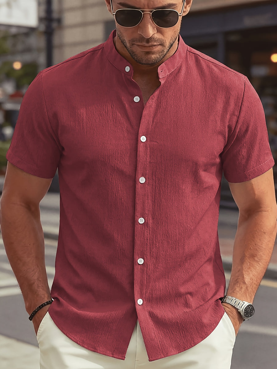 New Summer Men's Thin Stand Collar Casual Shirt, Solid Color Short Sleeve Business Fashion Button-Up Shirt for Muscular Men, Stylish Short Sleeve Design Suitable for Casual and Office Wear - Rust Red