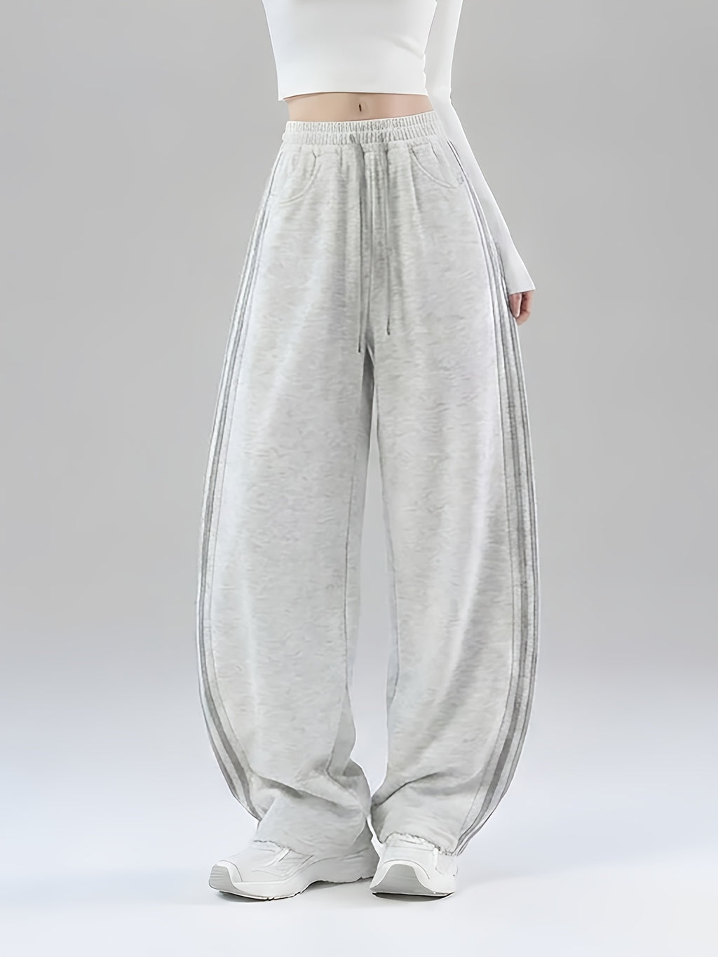 2025 Autumn Casual Easy Line Contrast Patchwork Casual Trousers American Loose Long Pants Women'S - 1A67-White Flower Ash with Medium Ash