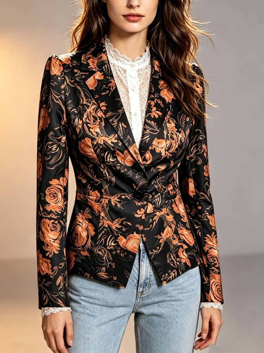 French-Style Vintage Black Suit for Women with Rose Print, Waist-Cinching Short Blazer, Two-Button V-Neck, Slim-Fit, Figure-Flattering, Office-Wear, Floral Print, Versatile Spring/Autumn Long-Sleeve Top - Black