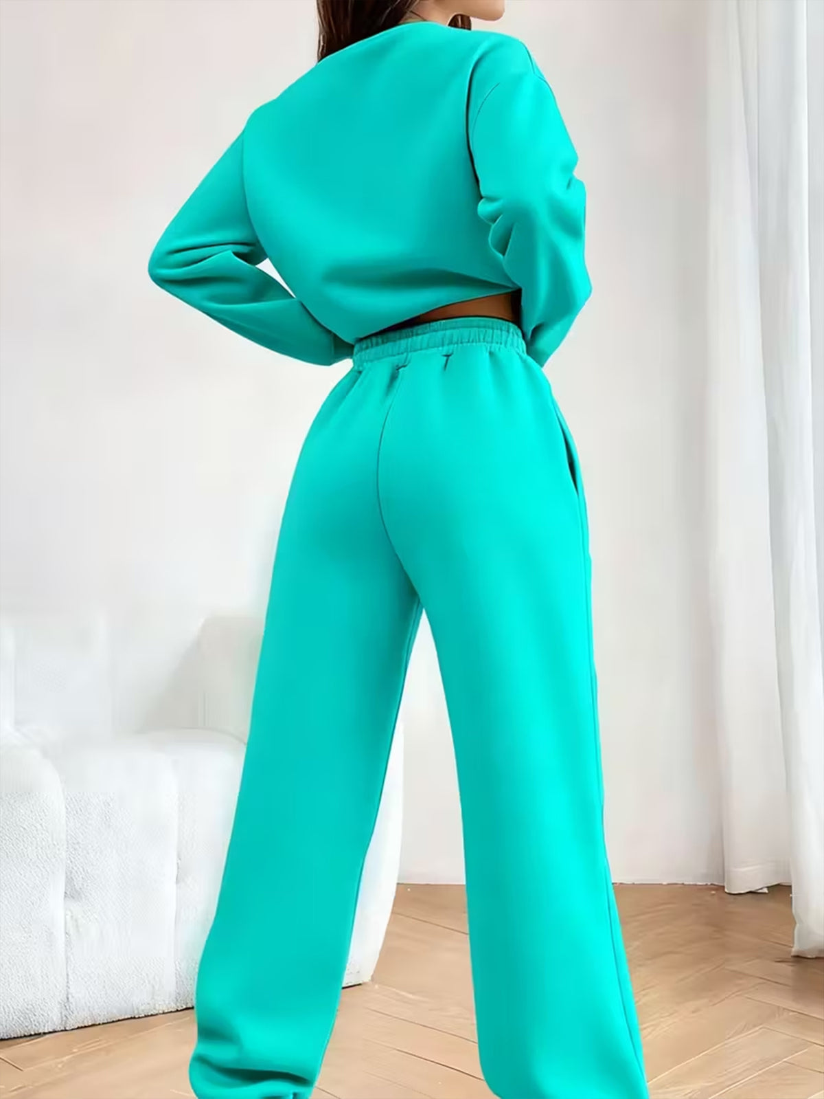 2pcs Women's Y2K Sport Sweatshirt Set with Matching Jogger Pants - -Lined Crewneck Set, Suitable for Winter, Multiple Colors, Polyester Material, Machine Washable, for Daily Sportswear, Casual Sporty Style, Fitness Wear - Emerald Green