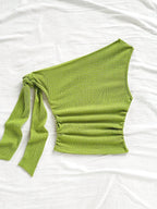 Sexy Asymmetrical Tie-Front Flowy Casual Slim-Fit Solid Color Women'S One-Shoulder Top for Spring And Autumn, Perfect for Parties, Vacations, Music Festivals, Bohemian Style, Holiday Dates, And Afternoon Tea - YTD Cherry - Greenish Yellow