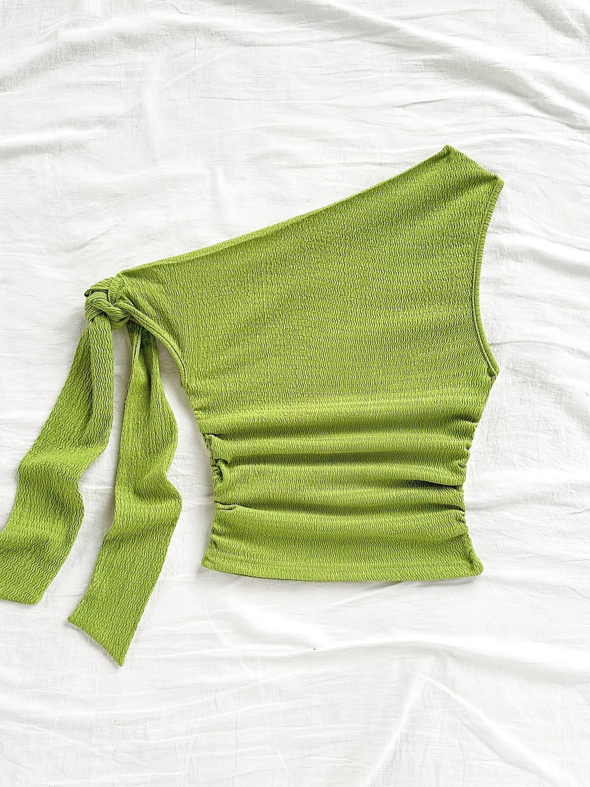 Sexy Asymmetrical Tie-Front Flowy Casual Slim-Fit Solid Color Women'S One-Shoulder Top for Spring And Autumn, Perfect for Parties, Vacations, Music Festivals, Bohemian Style, Holiday Dates, And Afternoon Tea - YTD Cherry - Greenish Yellow