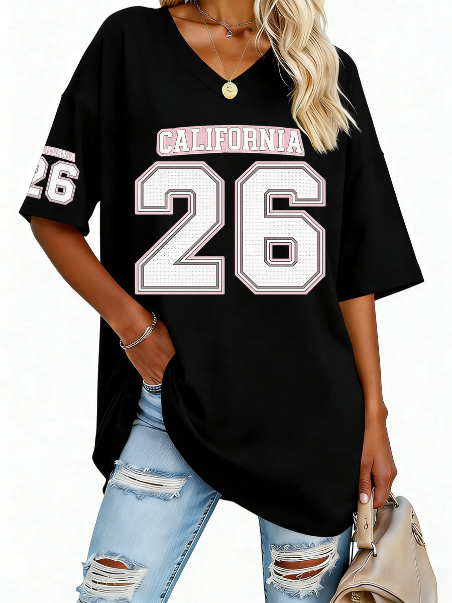 Women'S Fashion V-Neck Tee Featuring Relaxed Drop Shoulders - Black