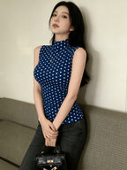 Single Piece Fashion Polka Dot Sleeveless High-Neck Vest, Comfortable And Soft, Suitable for Spring And Summer Festive Wear, Easy Casual Versatile Daily Commute Outfit - Navy Color
