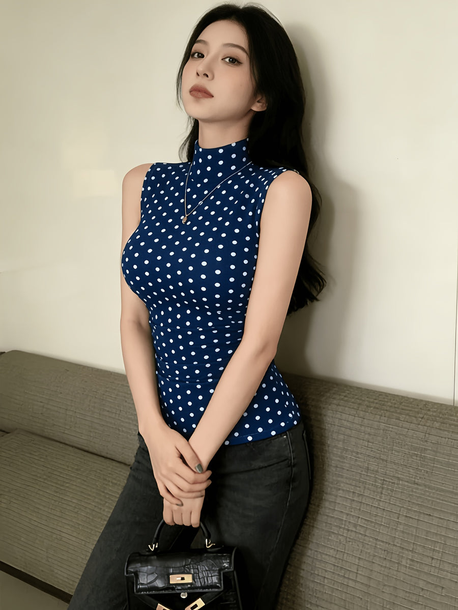 Single Piece Fashion Polka Dot Sleeveless High-Neck Vest, Comfortable And Soft, Suitable for Spring And Summer Festive Wear, Easy Casual Versatile Daily Commute Outfit - Navy Color