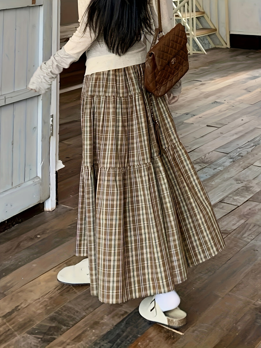 The Latest Plaid Cake Midi Skirt Is Very Beautiful And Suitable for Spring And Autumn. It Has a Retro, Large Skirt, Loose Fit, Covers The Hips, And Makes You Look Slimmer. It Also Has a Lining - Coffee Brown