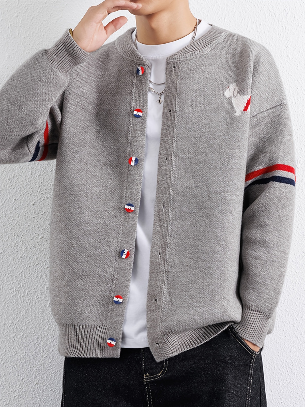 Du Jing Lan OBM 1pc Autumn/Winter New Arrival Men's Knitted Cardigan, Old Money Style Textured Contrast Color Crew Neck Single-Breasted Open Front Long Sleeve Knitted Cardigan Base Layer Top, Men's Casual Fashion, Suitable for Autumn and Winter Wear - Grey