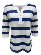 Women's Fashion New Spring/Summer Striped Print V-Neck Button-Up Three-Quarter Sleeve Loose Fit Casual Top Base Tee, Comfortable and Stylish - Suitable for Daily Wear and Home - Blue Mixed White