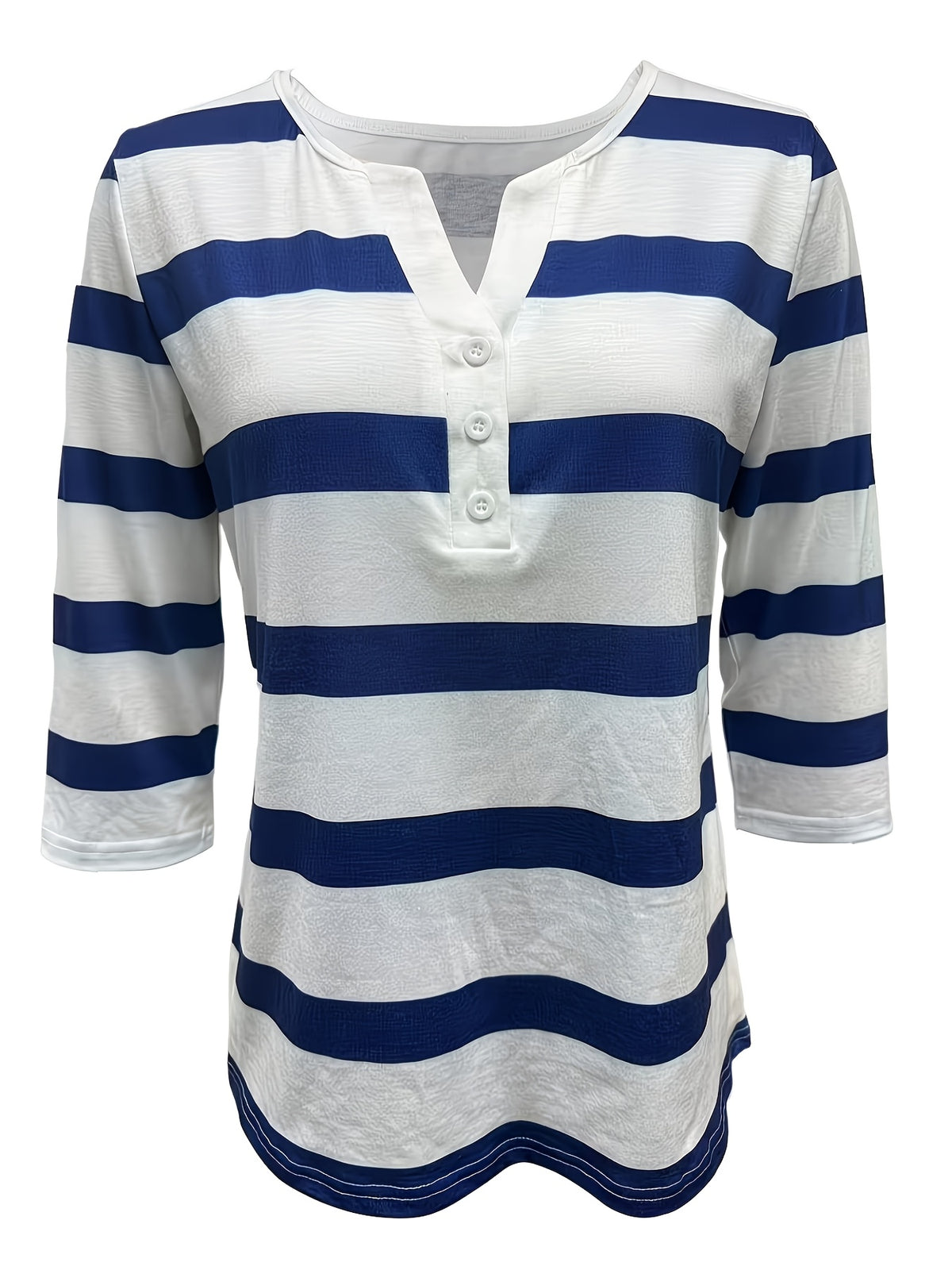 Women's Fashion New Spring/Summer Striped Print V-Neck Button-Up Three-Quarter Sleeve Loose Fit Casual Top Base Tee, Comfortable and Stylish - Suitable for Daily Wear and Home - Blue Mixed White