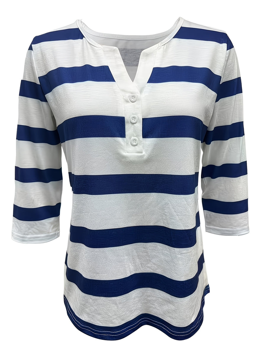 Women's Fashion New Spring/Summer Striped Print V-Neck Button-Up Three-Quarter Sleeve Loose Fit Casual Top Base Tee, Comfortable and Stylish - Suitable for Daily Wear and Home - Blue Mixed White