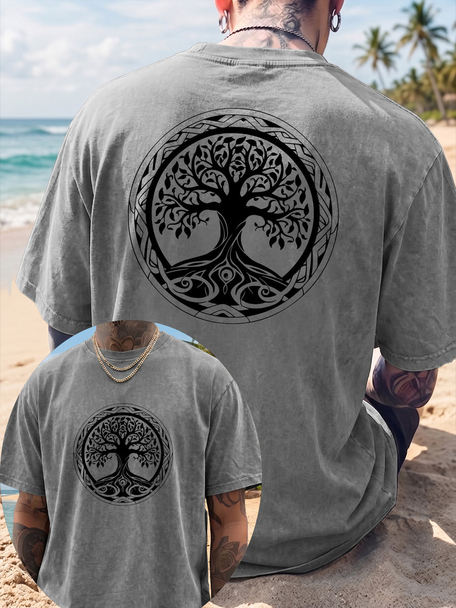Short Sleeve T-Shirt Men'S Loose Washed Distressed Tree of Life Round Totem Trendy Double-Sided Print 12 Colors Random Match American Street High Street Hip-Hop Top Casual Outing Commuting Sports Fitness Couple Style Statement Y2K National Trend Sho - Grey