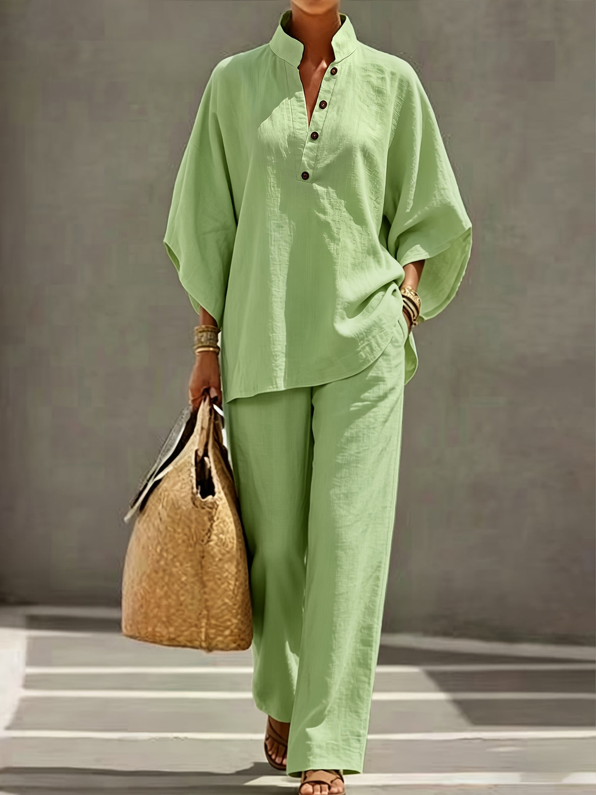 [PLMM] Spring Autumn Winter Women'S Fabric Button Short Collar Fashion Casual Two-Piece Long Pants Set - Matcha Color