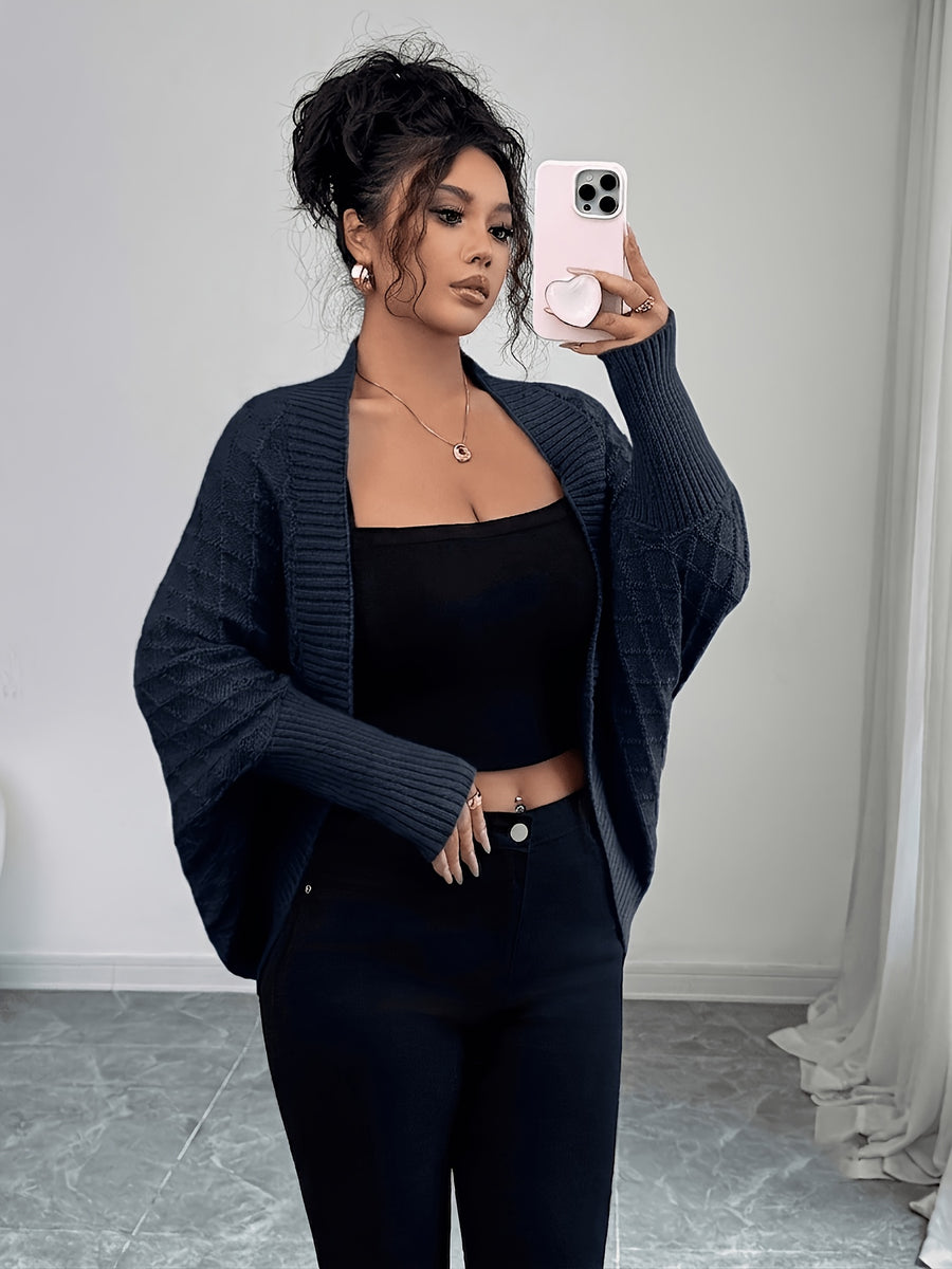 Women'S Cardigan: Casual Elegance with Batwing Sleeves Mid-Length Jumper, Versatile And Sophisticated Knitwear - Navy Color