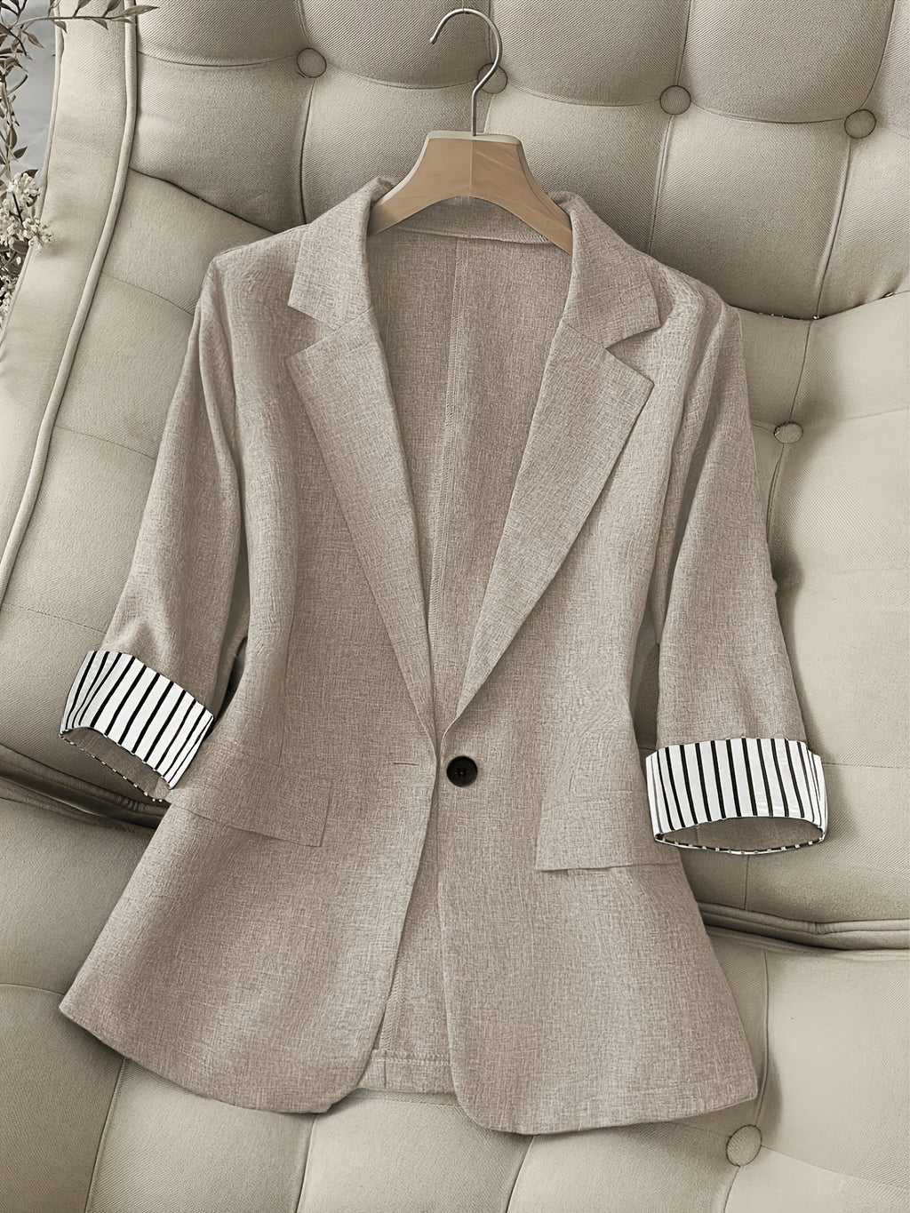 New Women'S Fashion Casual Office Commute Lapel Striped Patchwork Single Button Slim Fit Seven-Sleeve Women'S Suit Jacket 603# - Linen