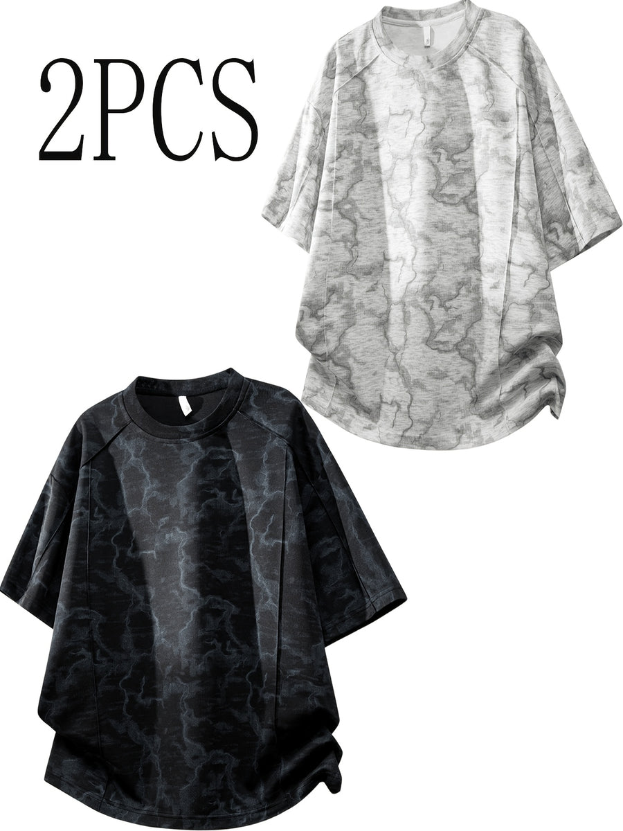 2pcs New Summer Men's Trendy Loose-Fit Streetwear Brand Student Short-Sleeve T-Shirt Top, Round Neck Short Sleeves - Black Light Grey