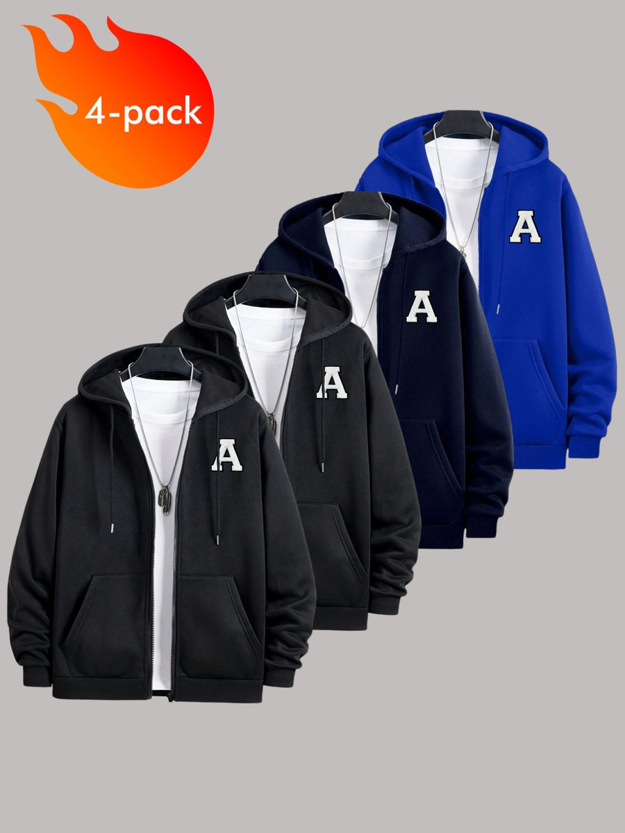50% Cotton, 50% Polyester, 4pcs Men's Zippered Hooded -Lined Sweatshirt, Men's Apparel, Long-Sleeve Jacket, Zippered Top, Hooded Sweatshirt, Pockets, Drawstring, Suitable for Outings, Casual Wear, Back-to-School Season, Gift for Boyfriend - Black+Black+Navy Blue+Blue