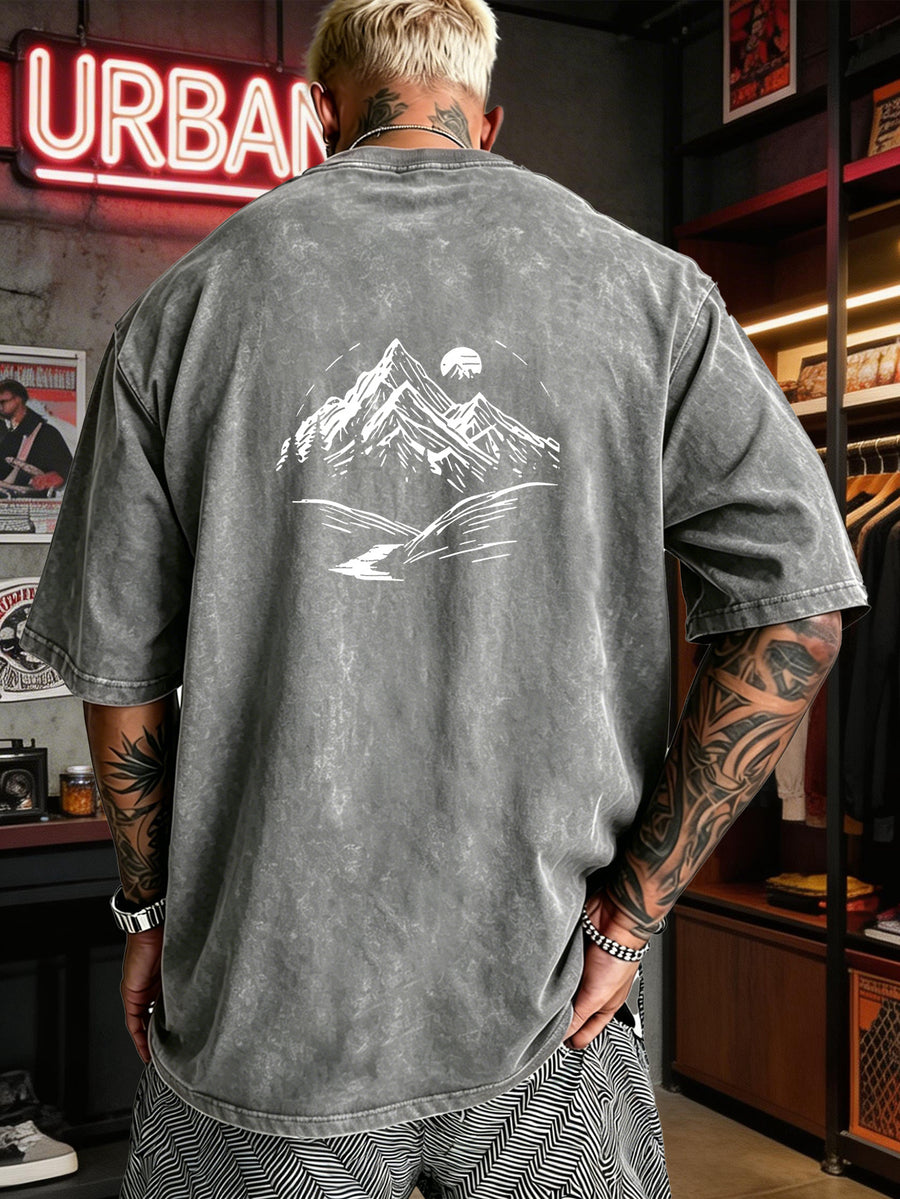 Men's Heavyweight T-Shirt Washed Distressed Fashion Print 2026 Summer New Urban High Street Hiphop Style Vintage Acid Wash Casual Gym Workout Top Pure Cotton Breathable Base Shirt - Grey