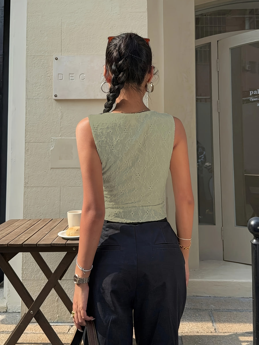 Elegant Printed Solid Color Top - Green